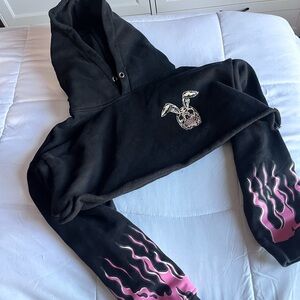 Praying rabbit Black Hoodie with Pink Flame Sleeves